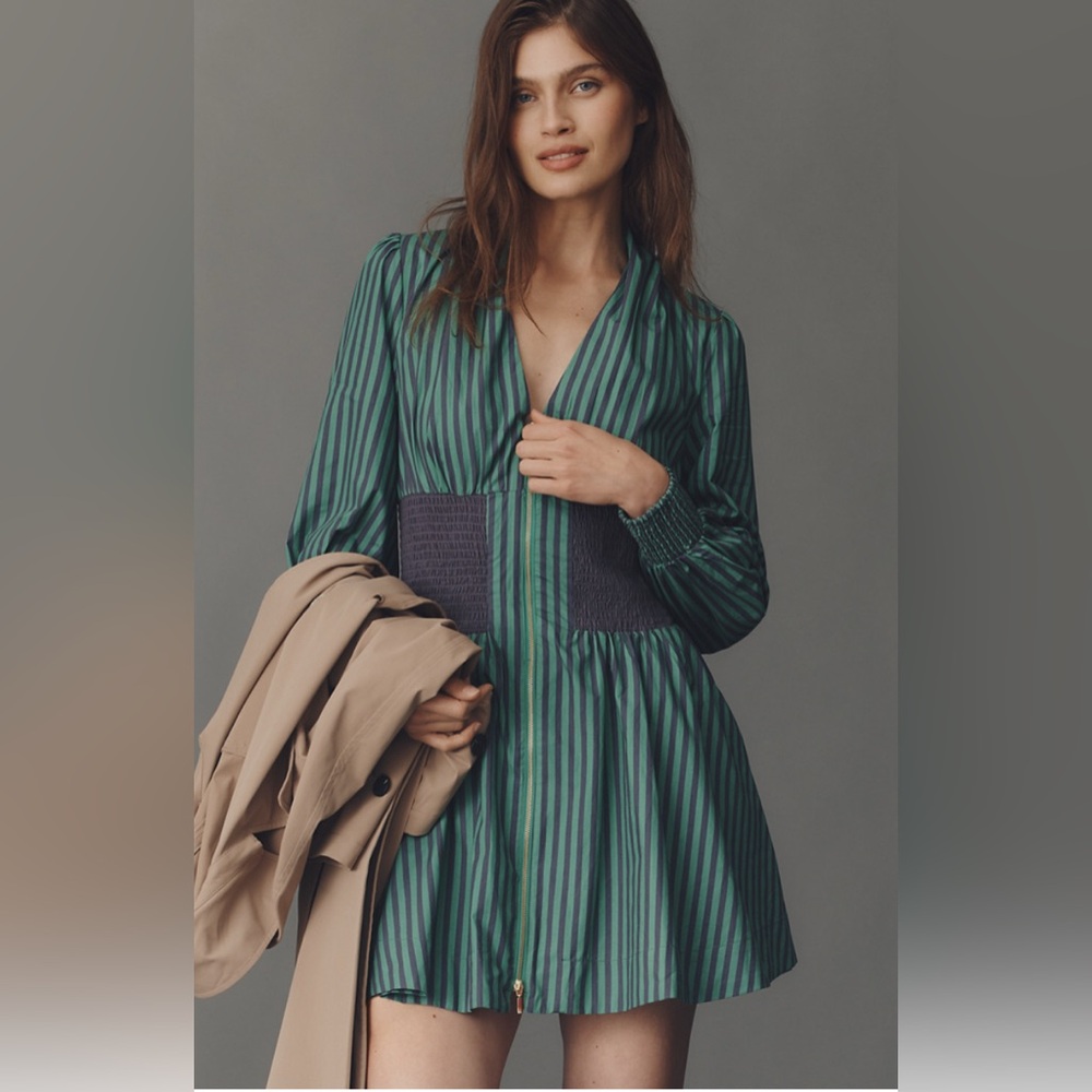 The Tommie Long-Sleeve Smocked Front-Zip Mini Shirt Dress by Anthropologie